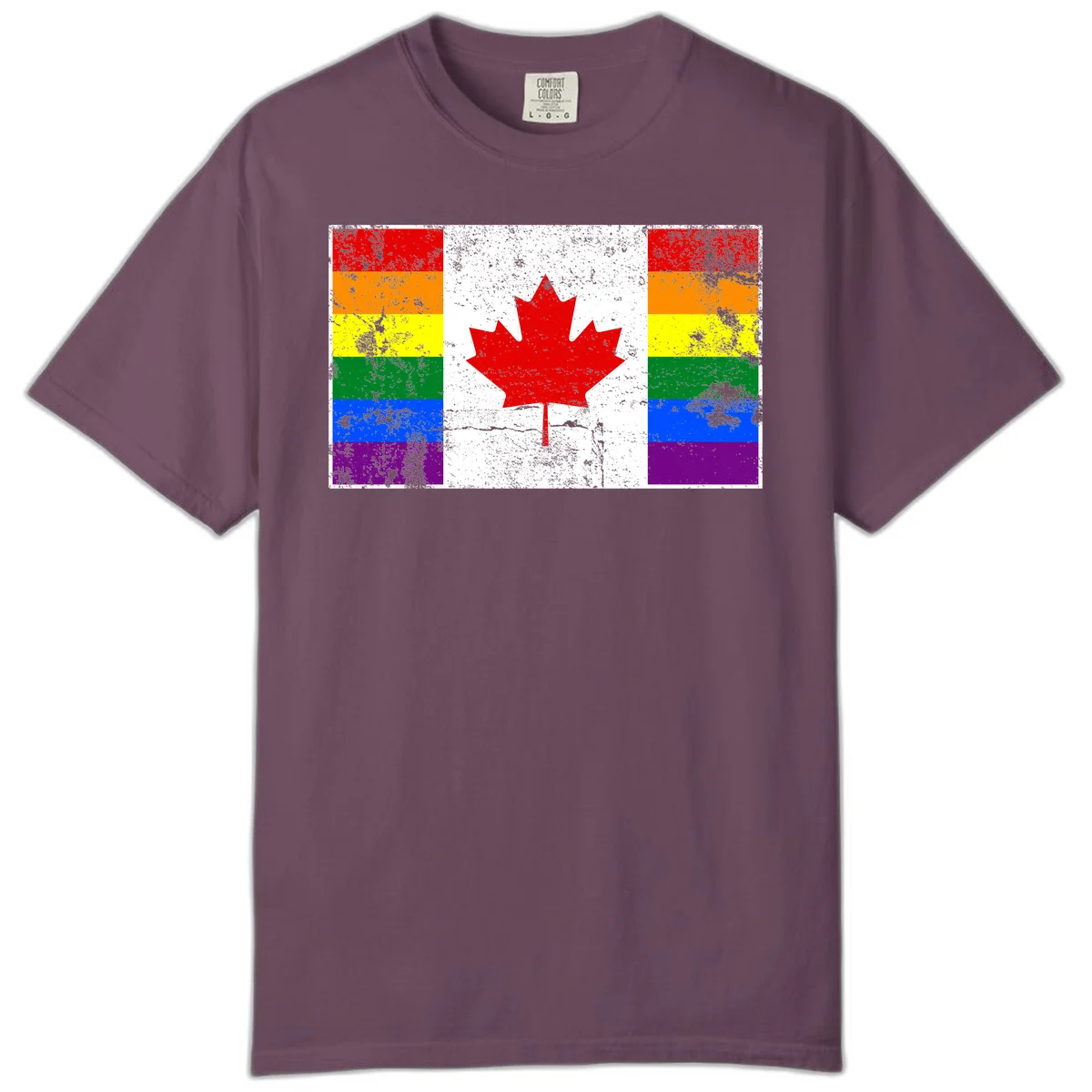 Canadian maple leaf in red and white centered between rainbow pride flag stripes with grunge texture, celebrating Canada pride in Berry