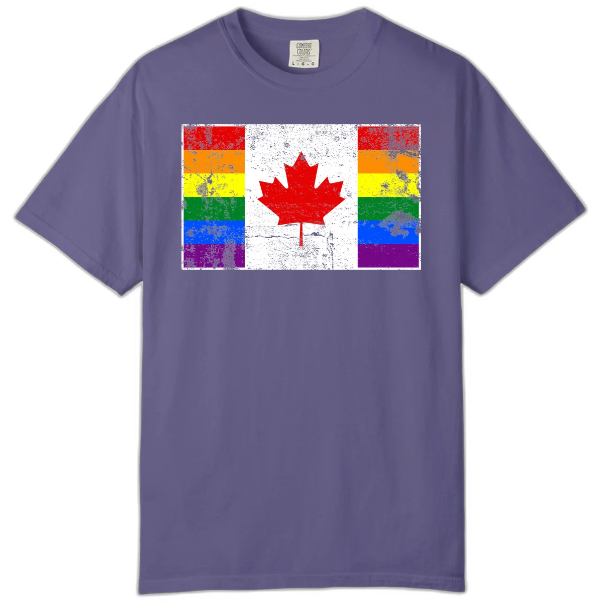 Canadian maple leaf in red and white centered between rainbow pride flag stripes with grunge texture, celebrating Canada pride in Grape