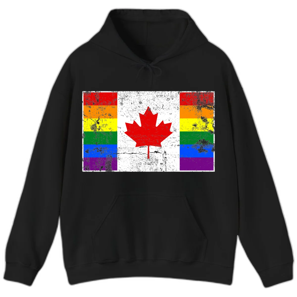 Canadian maple leaf in red and white centered between rainbow pride flag stripes with grunge texture, celebrating Canada pride in Black
