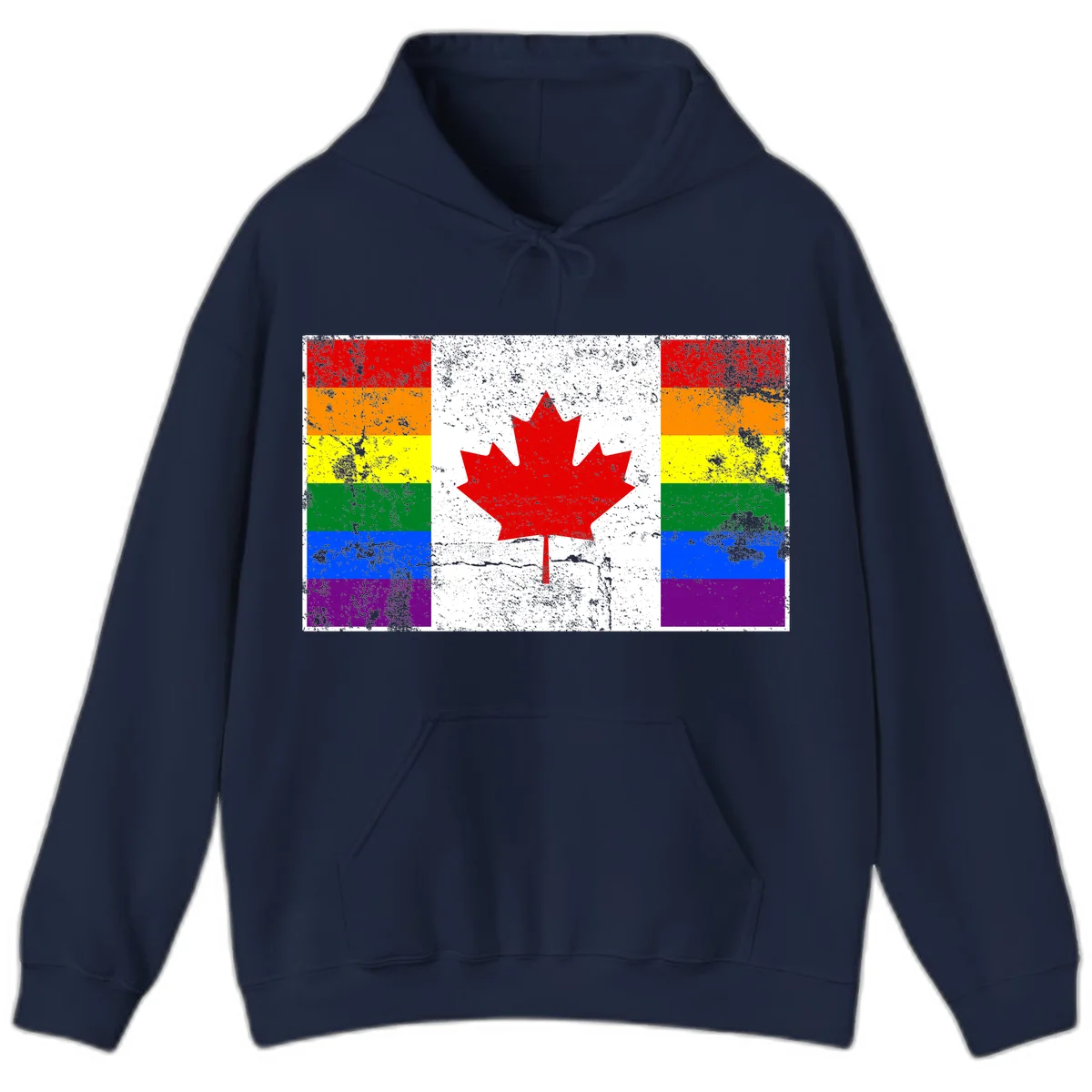 Canadian maple leaf in red and white centered between rainbow pride flag stripes with grunge texture, celebrating Canada pride in Navy