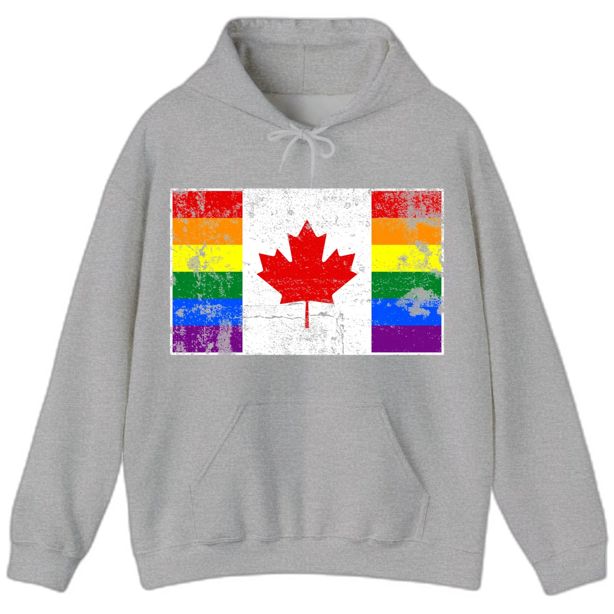 Canadian maple leaf in red and white centered between rainbow pride flag stripes with grunge texture, celebrating Canada pride in Sport Grey