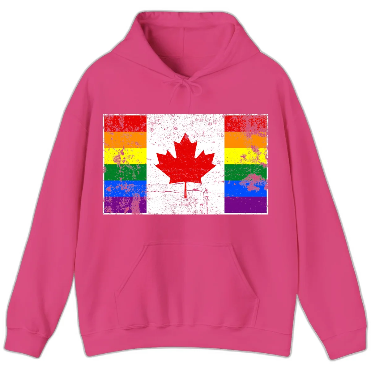Canadian maple leaf in red and white centered between rainbow pride flag stripes with grunge texture, celebrating Canada pride in Heliconia