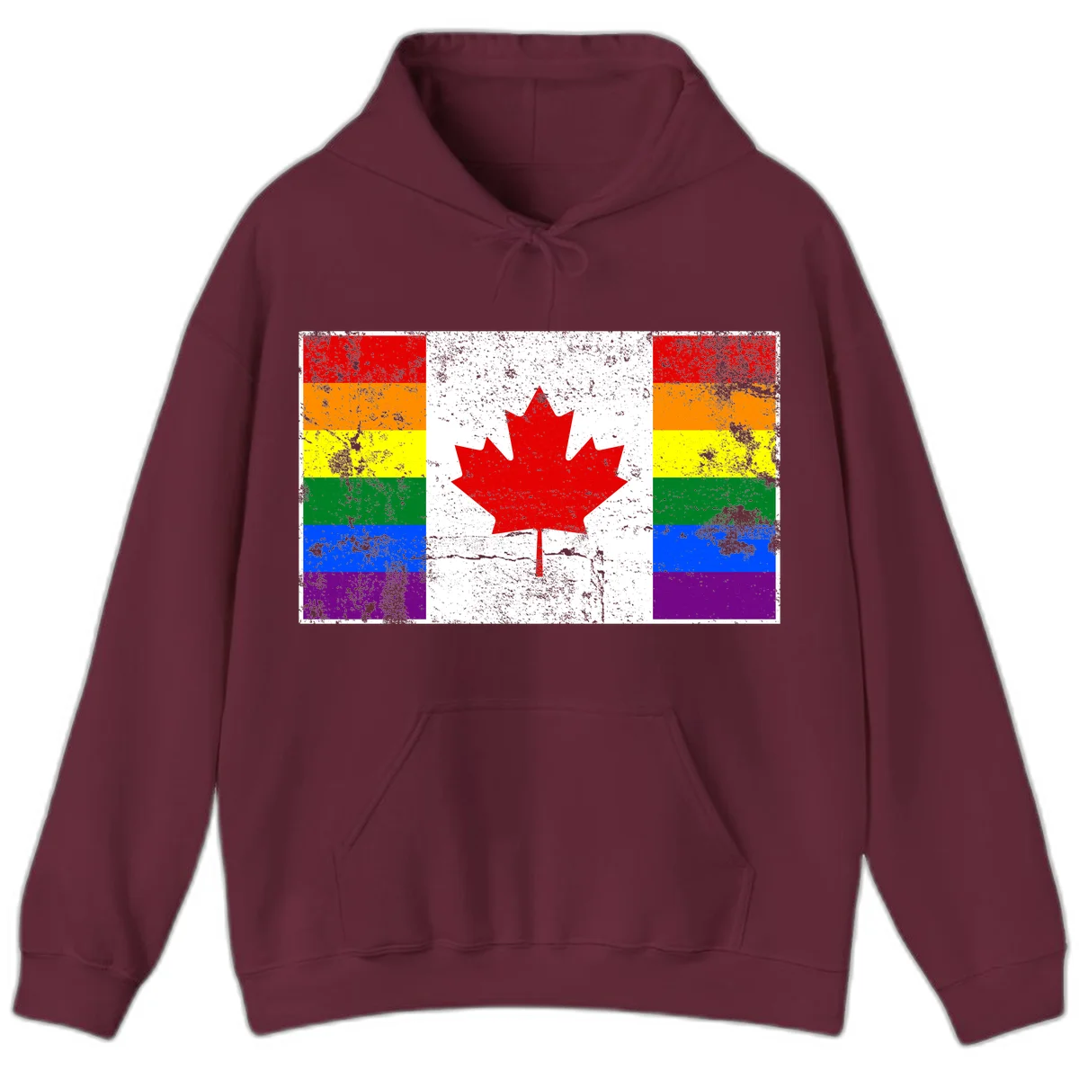 Canadian maple leaf in red and white centered between rainbow pride flag stripes with grunge texture, celebrating Canada pride in Maroon