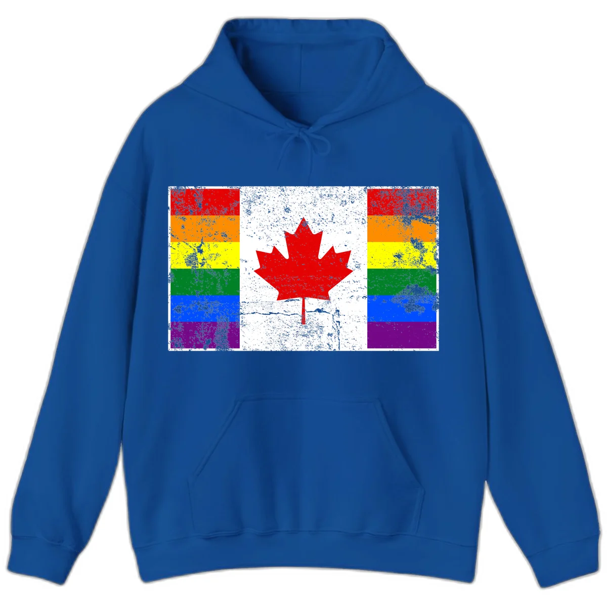 Canadian maple leaf in red and white centered between rainbow pride flag stripes with grunge texture, celebrating Canada pride in Royal