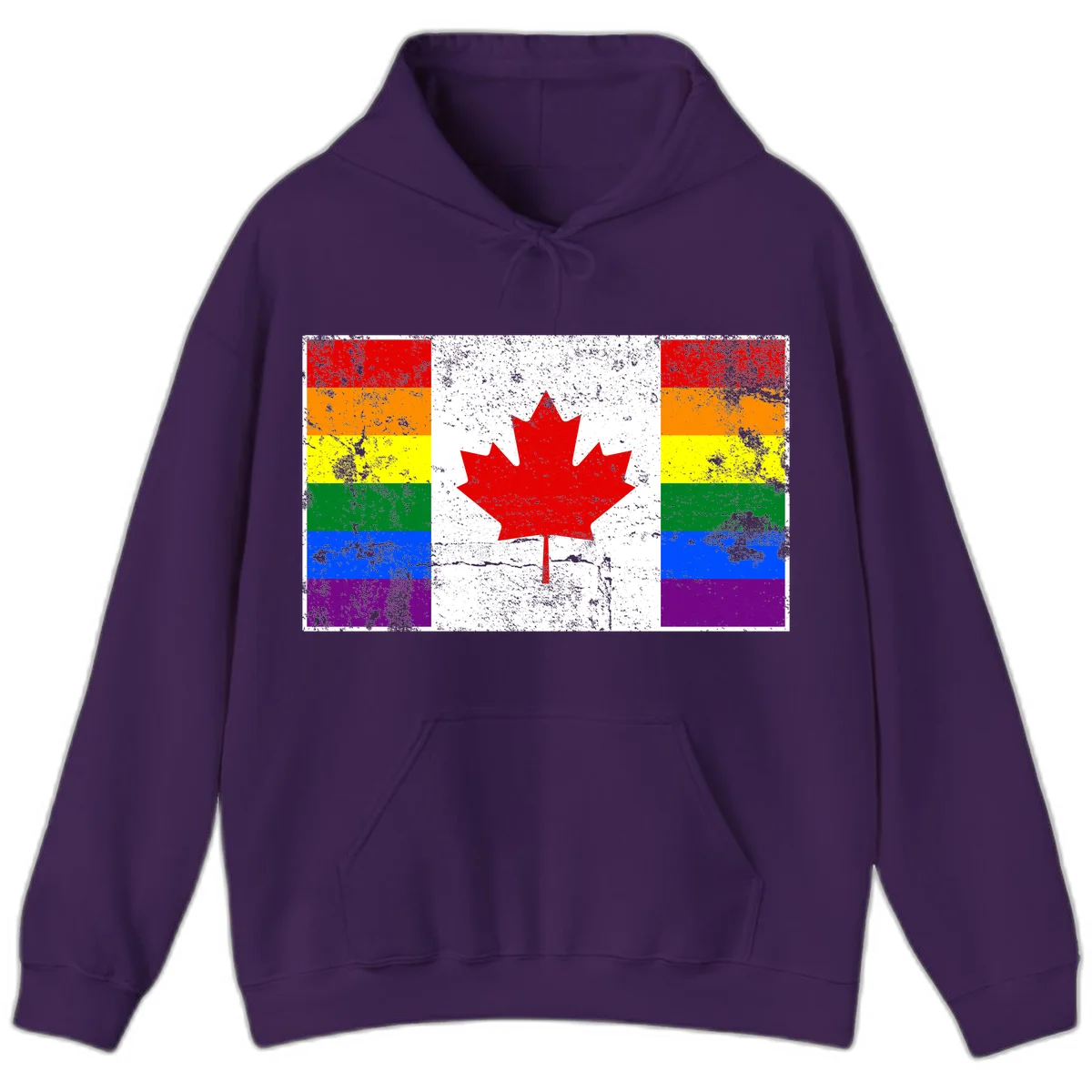 Canadian maple leaf in red and white centered between rainbow pride flag stripes with grunge texture, celebrating Canada pride in Purple