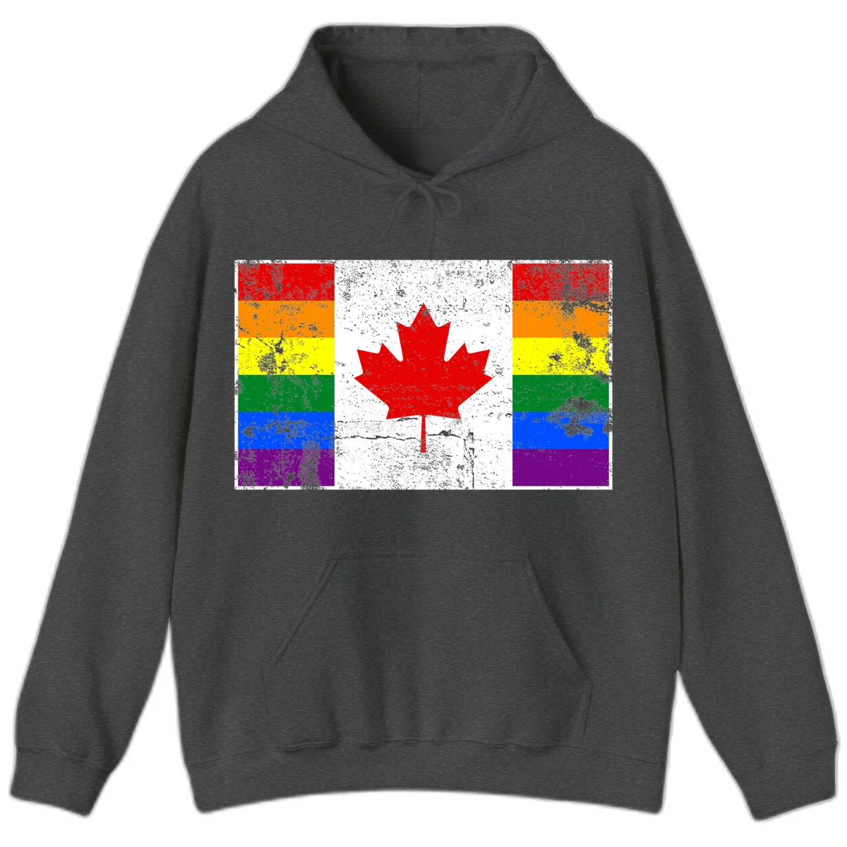 Canadian maple leaf in red and white centered between rainbow pride flag stripes with grunge texture, celebrating Canada pride in Dark Heather