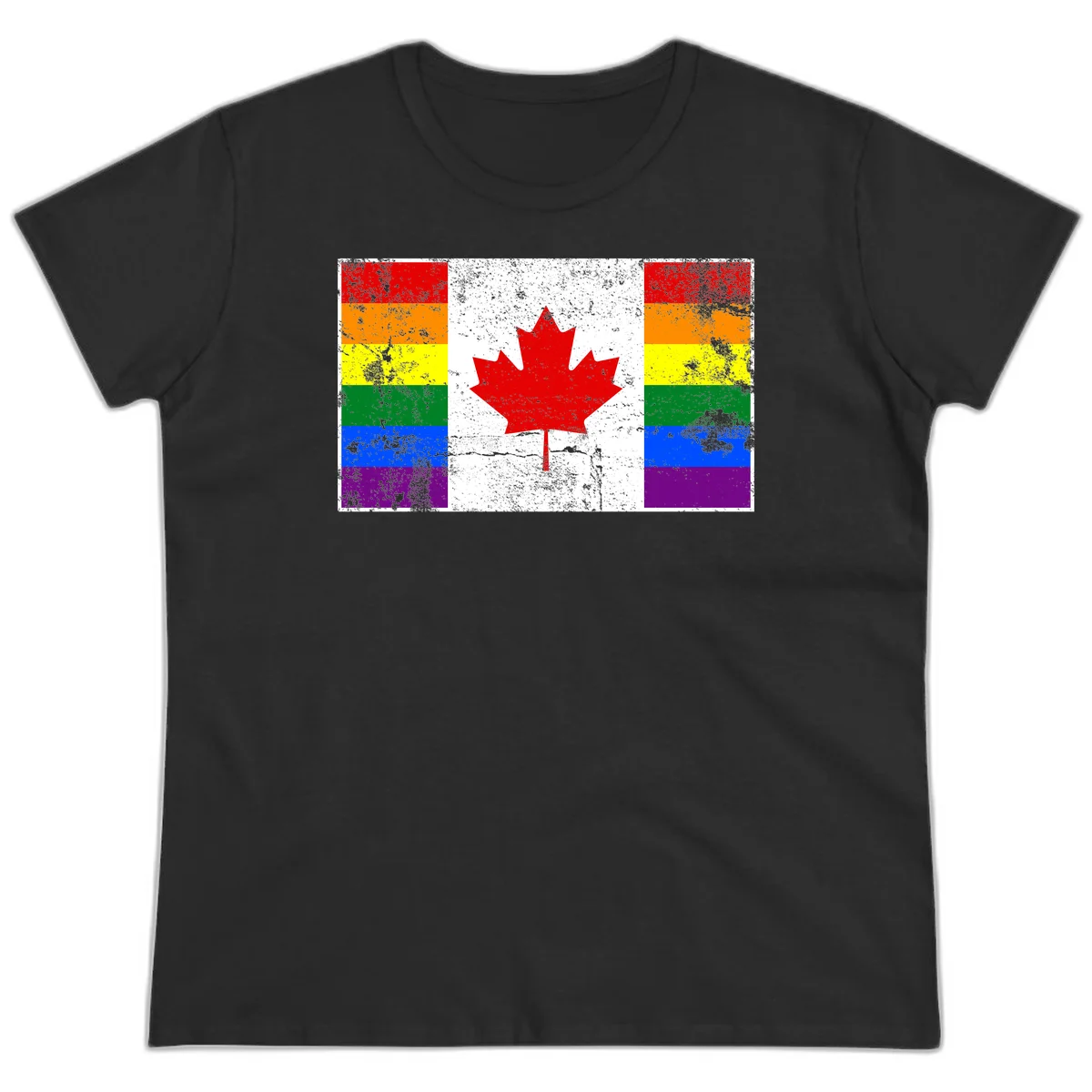 Canadian maple leaf in red and white centered between rainbow pride flag stripes with grunge texture, celebrating Canada pride in Black