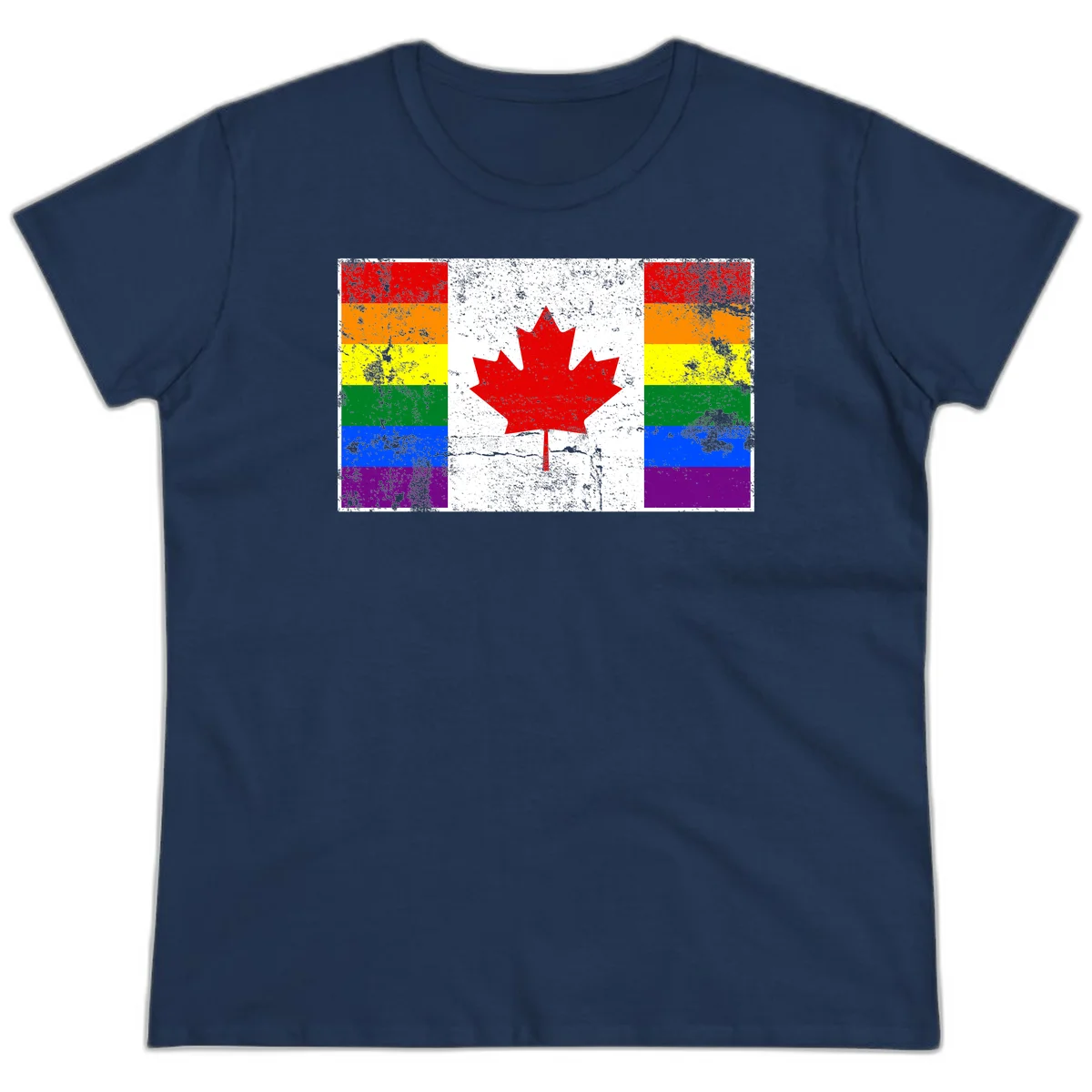 Canadian maple leaf in red and white centered between rainbow pride flag stripes with grunge texture, celebrating Canada pride in Navy