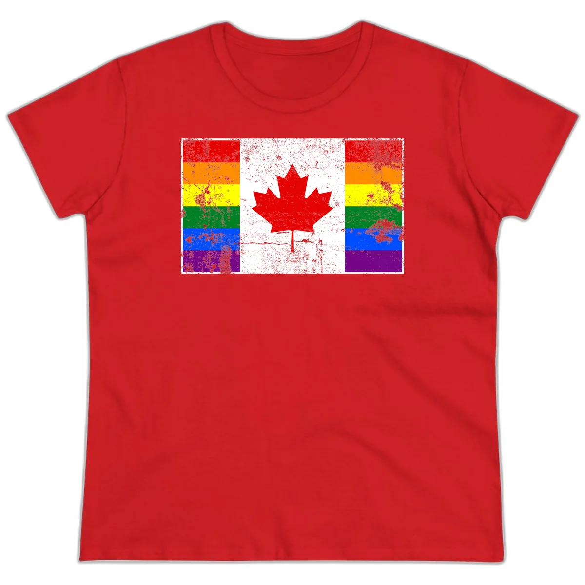Canadian maple leaf in red and white centered between rainbow pride flag stripes with grunge texture, celebrating Canada pride in Red