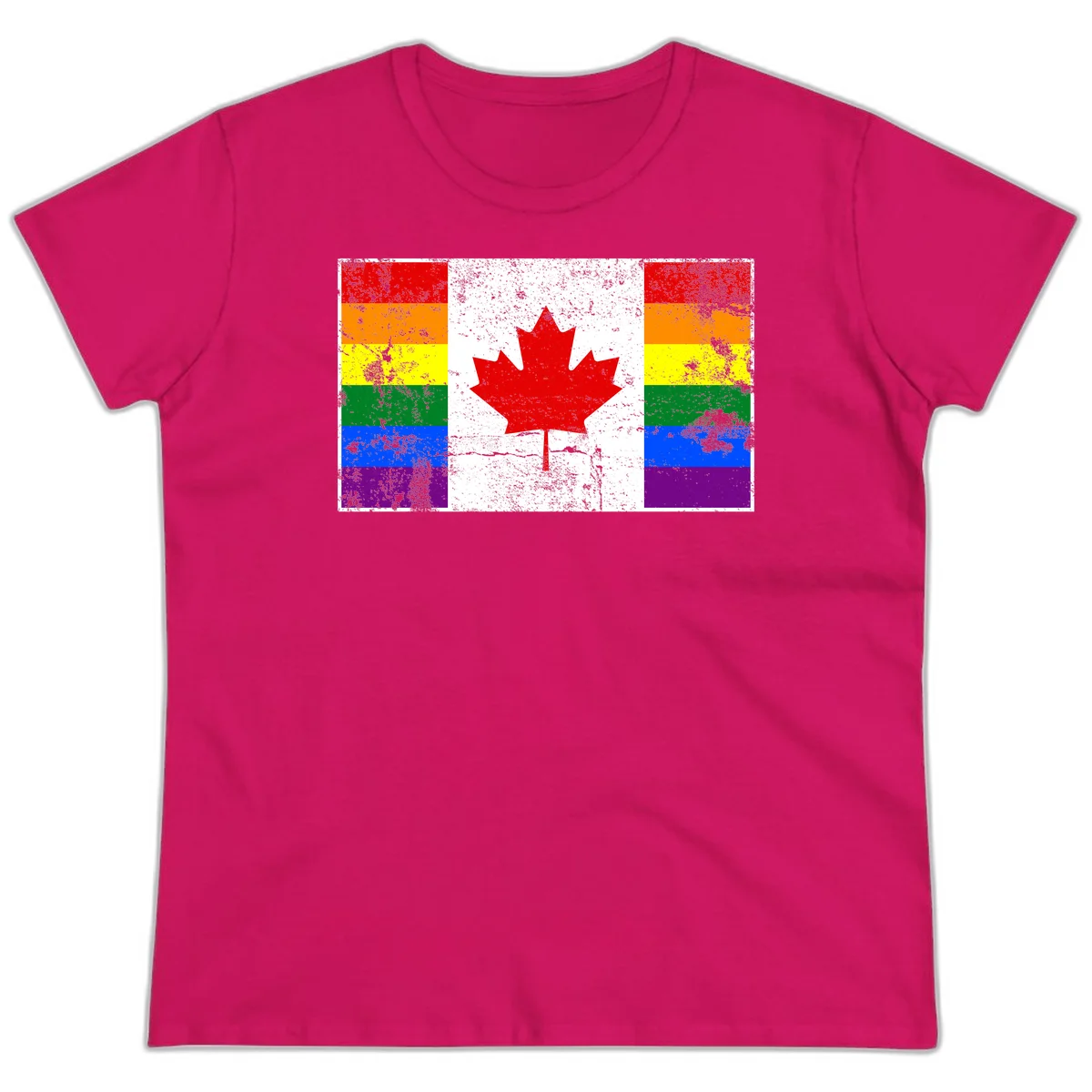 Canadian maple leaf in red and white centered between rainbow pride flag stripes with grunge texture, celebrating Canada pride in Heliconia