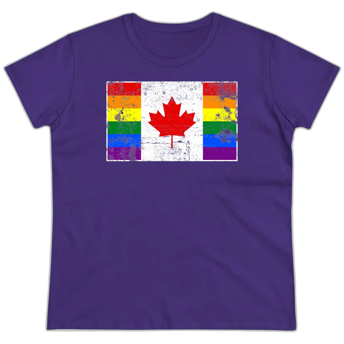 Canadian maple leaf in red and white centered between rainbow pride flag stripes with grunge texture, celebrating Canada pride in Purple