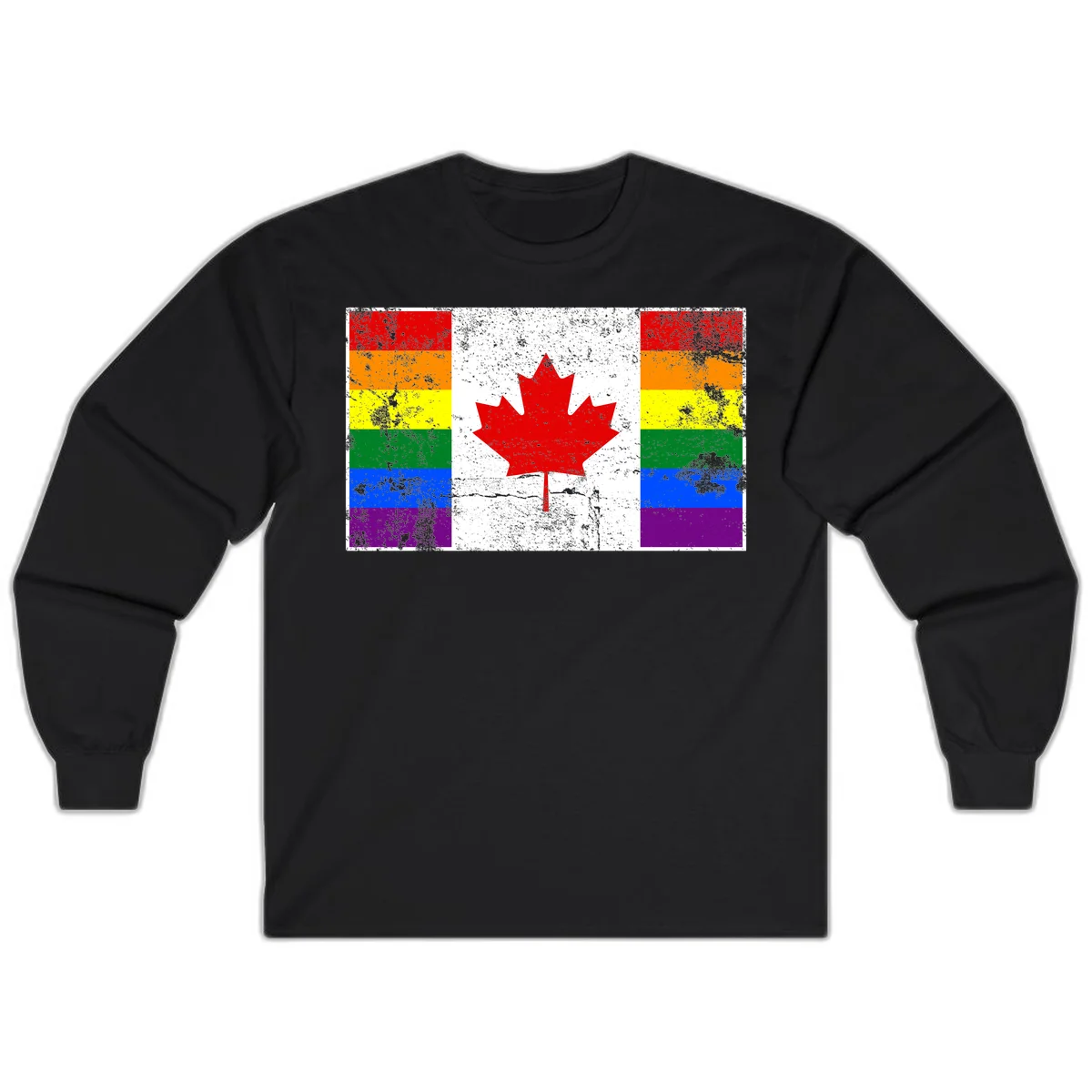Canadian maple leaf in red and white centered between rainbow pride flag stripes with grunge texture, celebrating Canada pride in Black