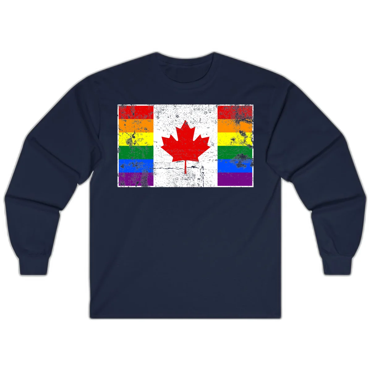Canadian maple leaf in red and white centered between rainbow pride flag stripes with grunge texture, celebrating Canada pride in Navy