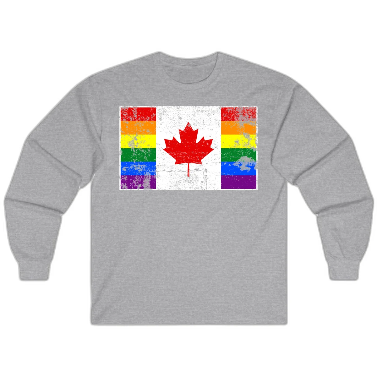 Canadian maple leaf in red and white centered between rainbow pride flag stripes with grunge texture, celebrating Canada pride in Sport Grey