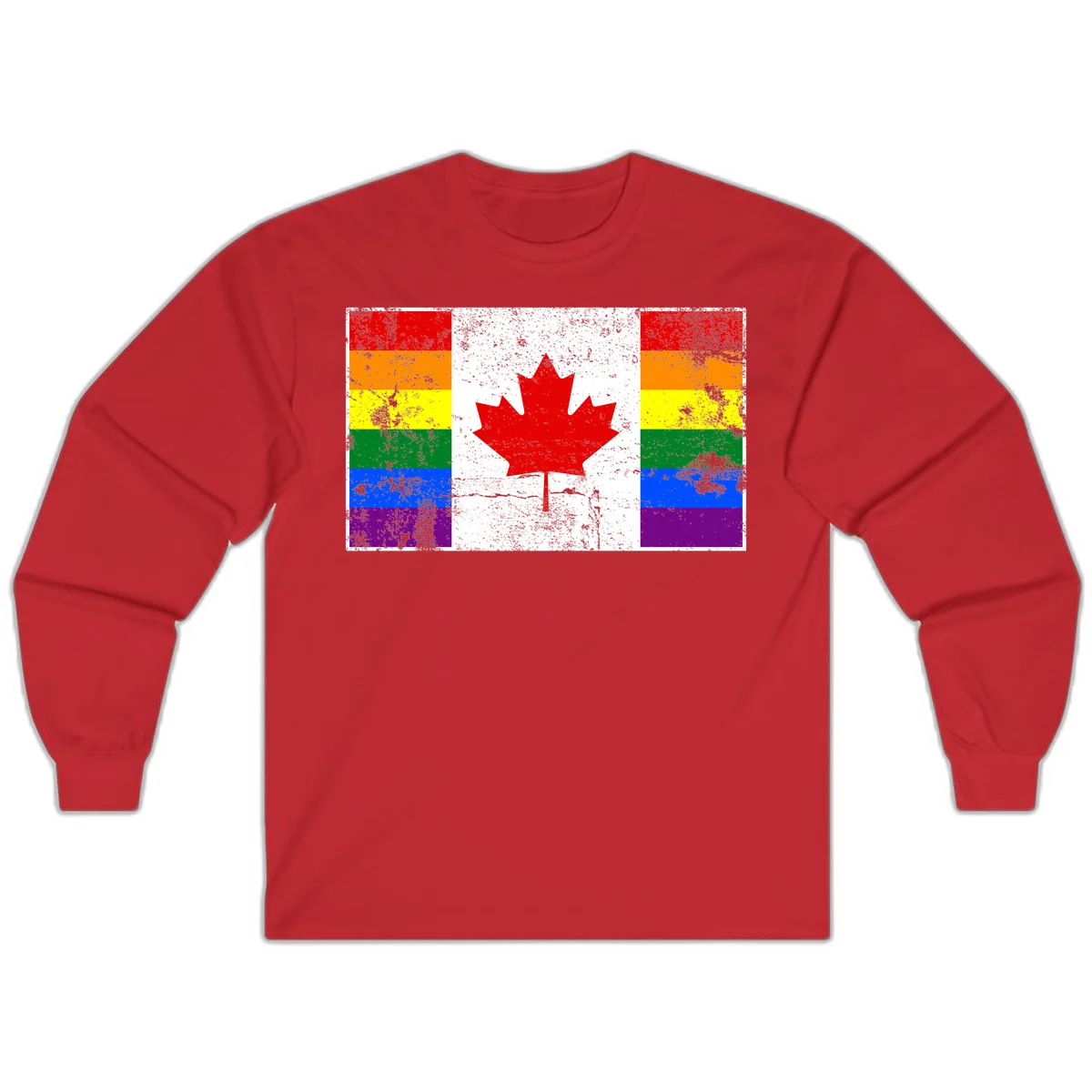 Canadian maple leaf in red and white centered between rainbow pride flag stripes with grunge texture, celebrating Canada pride in Red
