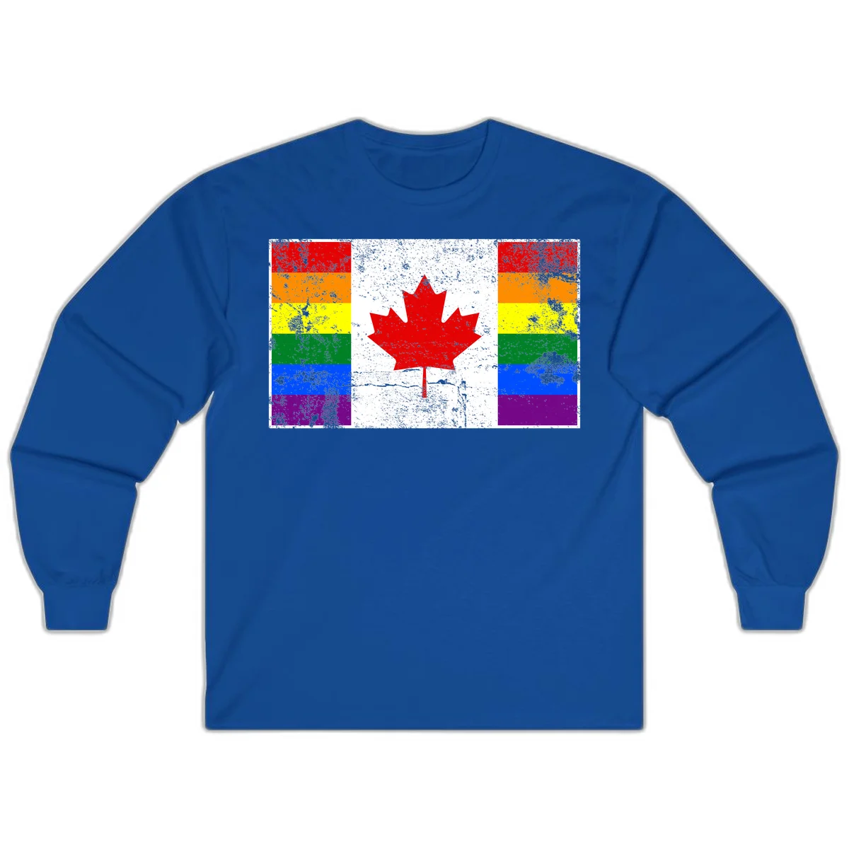 Canadian maple leaf in red and white centered between rainbow pride flag stripes with grunge texture, celebrating Canada pride in Royal