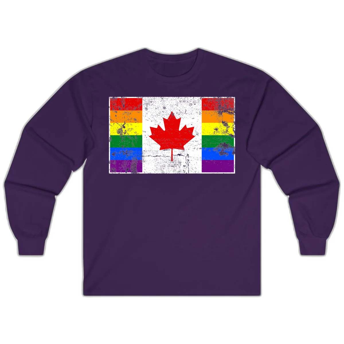 Canadian maple leaf in red and white centered between rainbow pride flag stripes with grunge texture, celebrating Canada pride in Purple