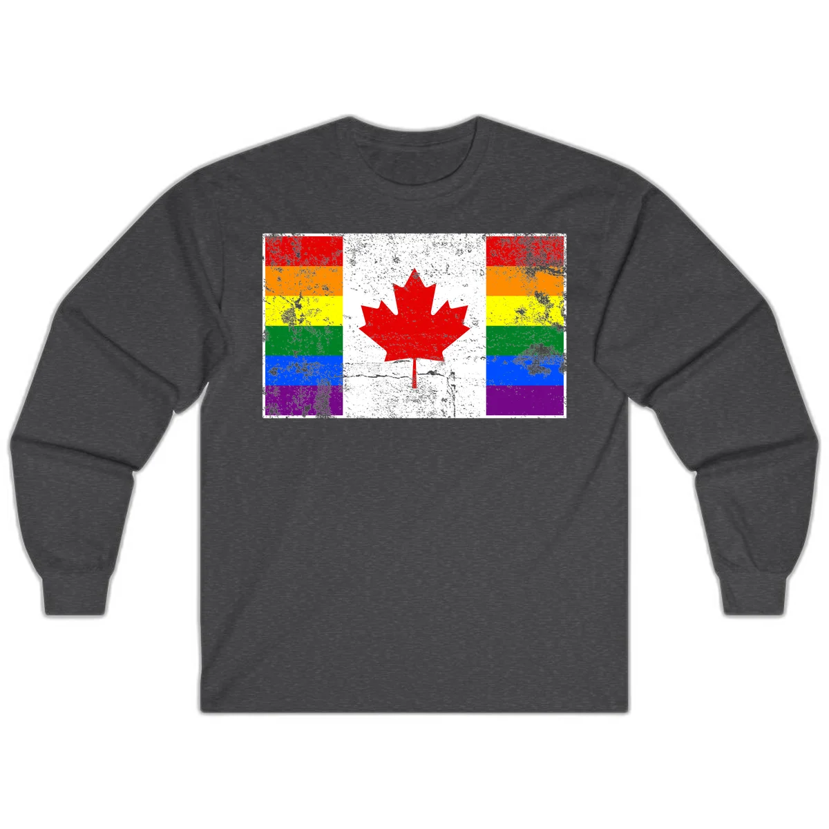 Canadian maple leaf in red and white centered between rainbow pride flag stripes with grunge texture, celebrating Canada pride in Dark Heather