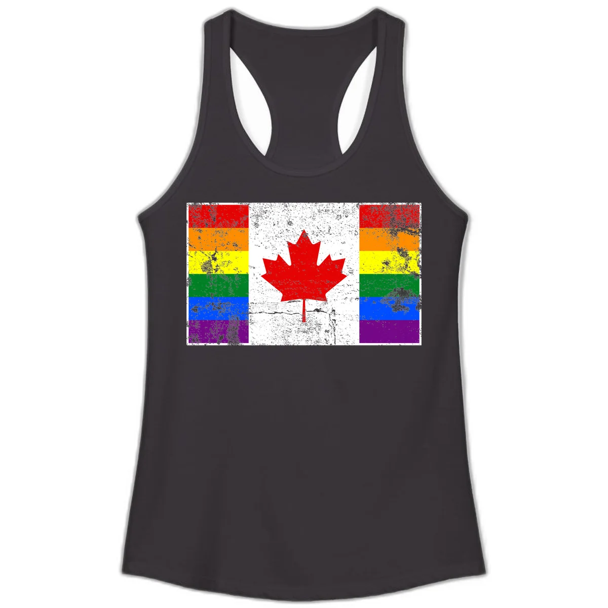 Canadian maple leaf in red and white centered between rainbow pride flag stripes with grunge texture, celebrating Canada pride in Black