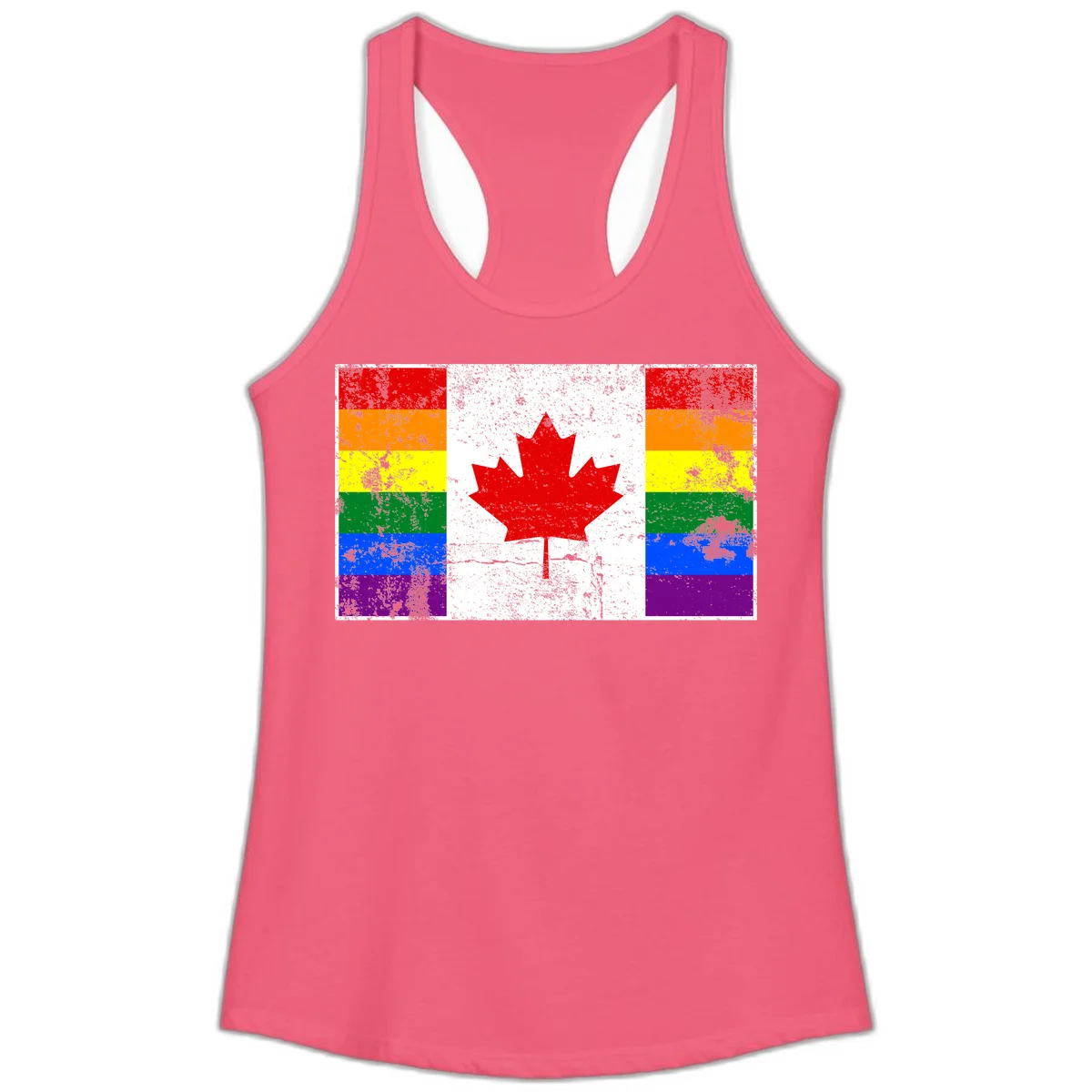 Canadian maple leaf in red and white centered between rainbow pride flag stripes with grunge texture, celebrating Canada pride in Hot Pink