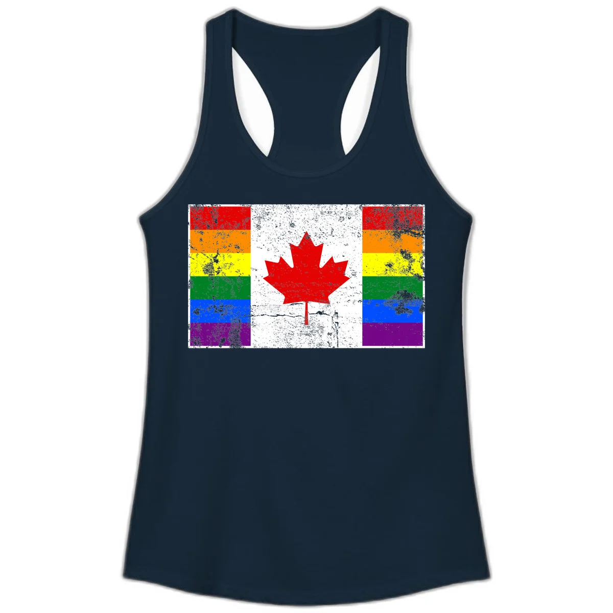Canadian maple leaf in red and white centered between rainbow pride flag stripes with grunge texture, celebrating Canada pride in Solid Midnight Navy