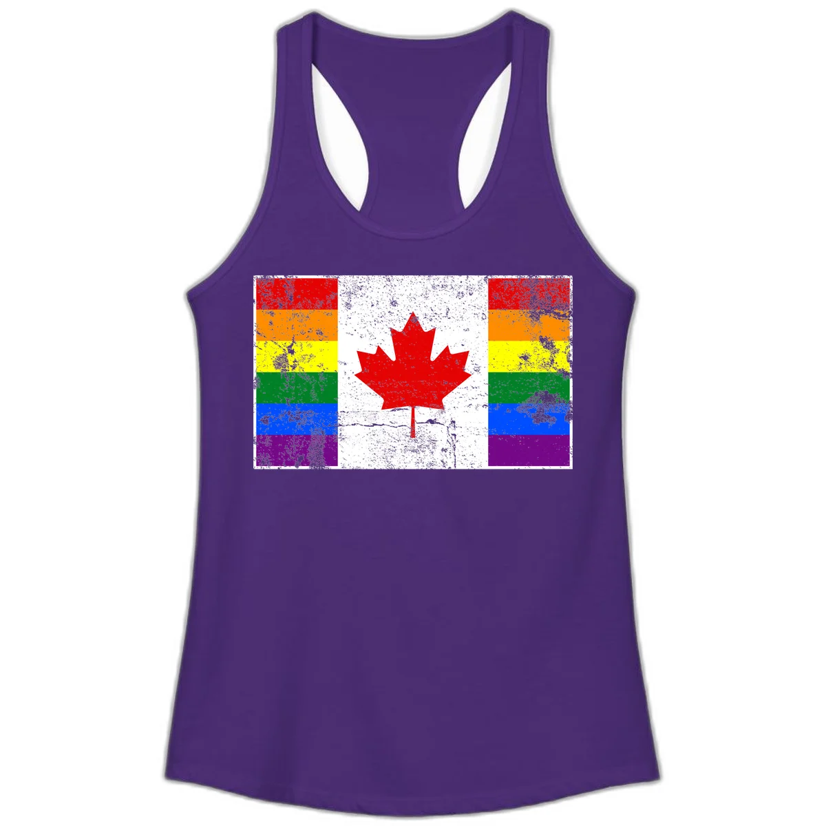 Canadian maple leaf in red and white centered between rainbow pride flag stripes with grunge texture, celebrating Canada pride in Solid Purple Rush