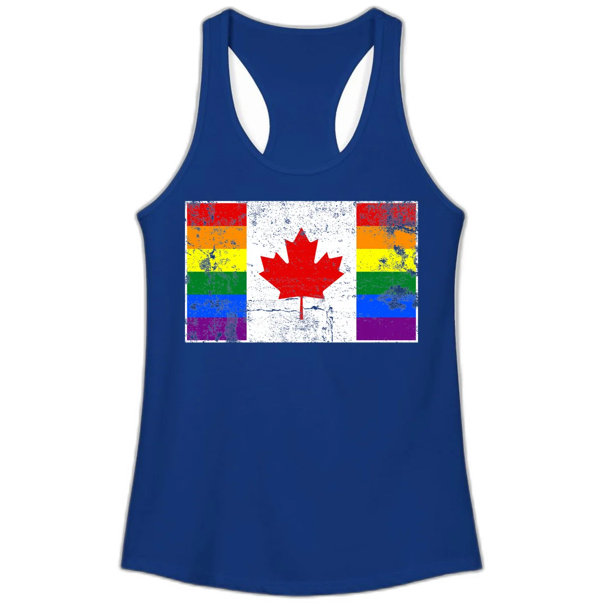 Canadian maple leaf in red and white centered between rainbow pride flag stripes with grunge texture, celebrating Canada pride in Solid Royal