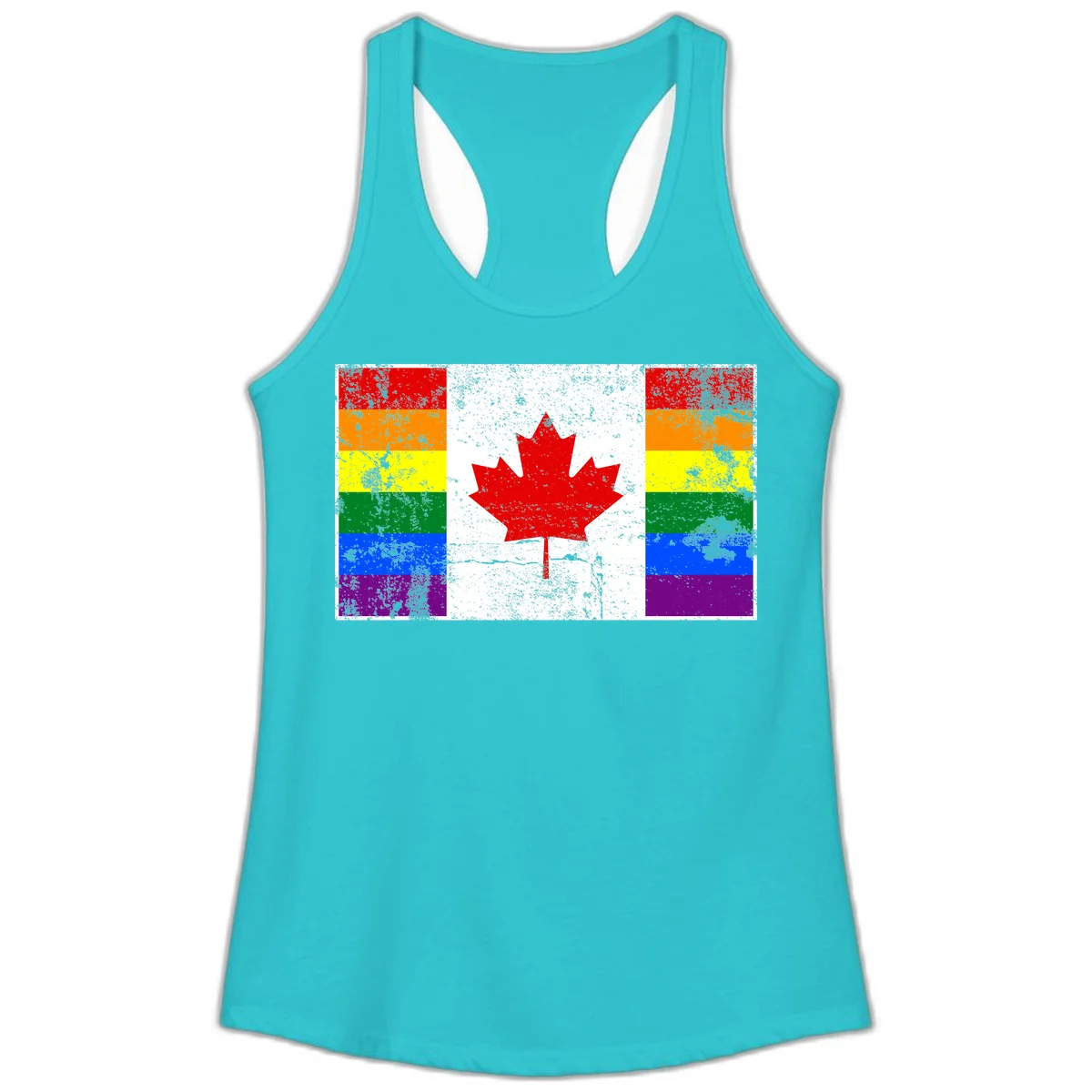 Canadian maple leaf in red and white centered between rainbow pride flag stripes with grunge texture, celebrating Canada pride in Solid Tahiti Blue