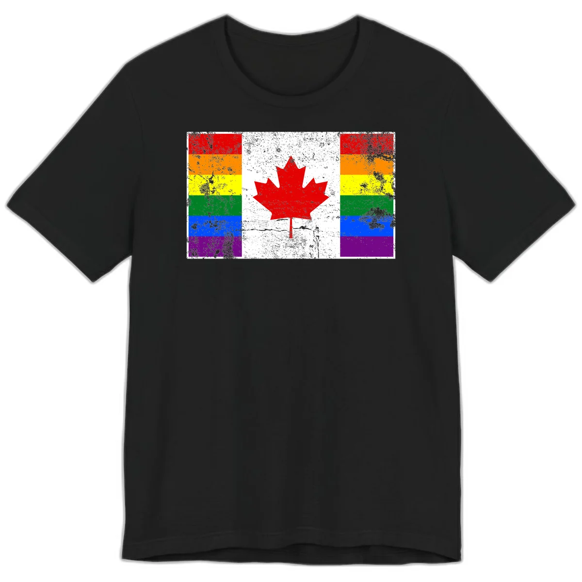 Canadian maple leaf in red and white centered between rainbow pride flag stripes with grunge texture, celebrating Canada pride in Black
