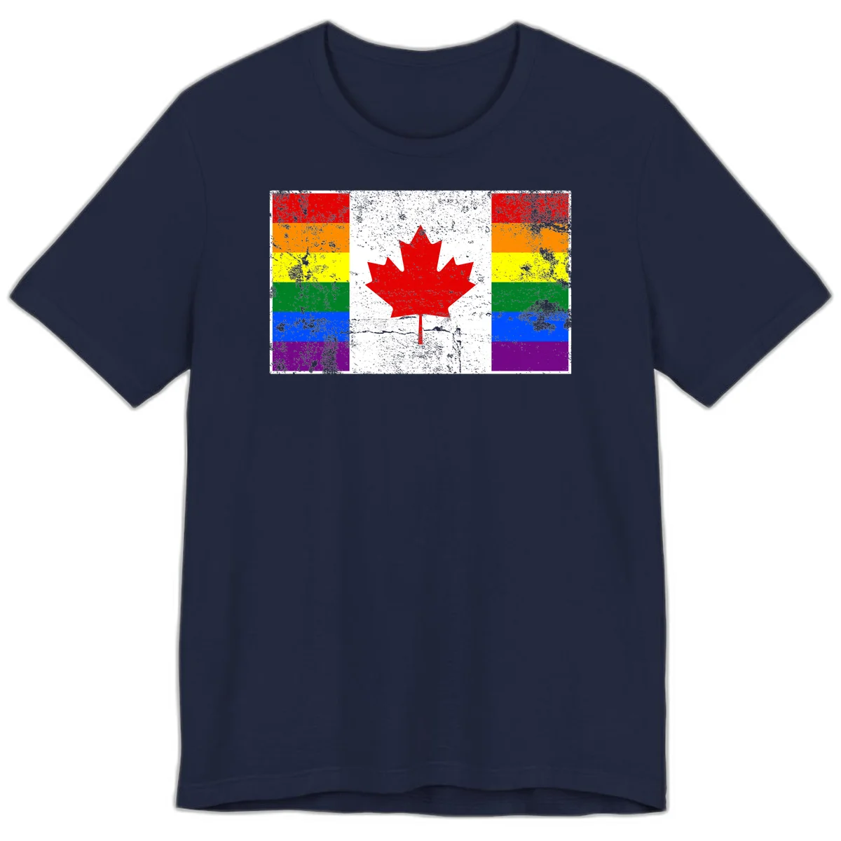 Canadian maple leaf in red and white centered between rainbow pride flag stripes with grunge texture, celebrating Canada pride in Navy