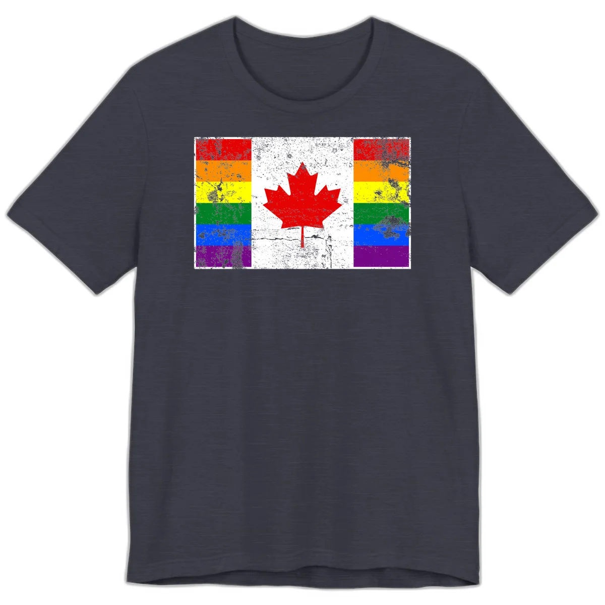Canadian maple leaf in red and white centered between rainbow pride flag stripes with grunge texture, celebrating Canada pride in Heather Midnight Navy