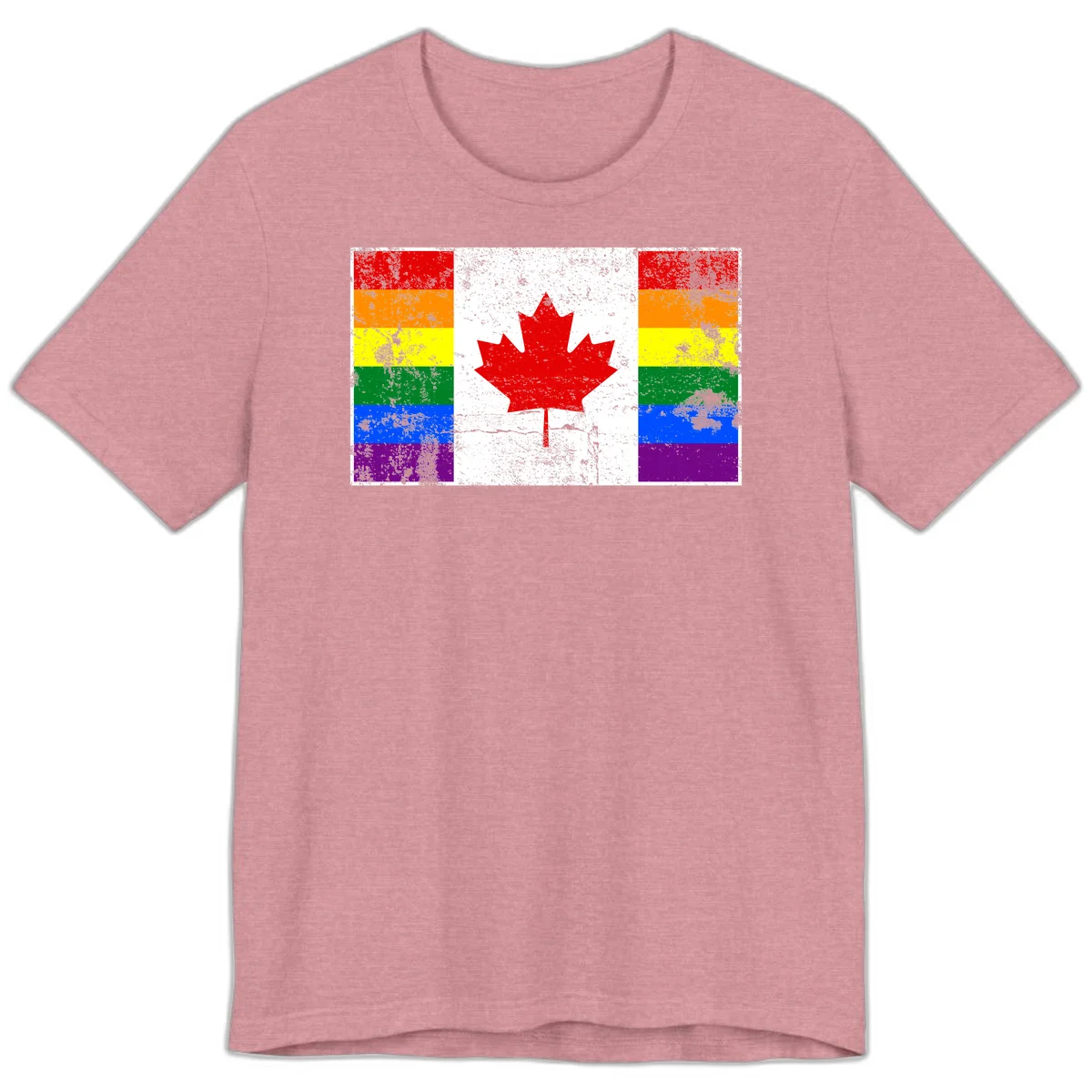 Canadian maple leaf in red and white centered between rainbow pride flag stripes with grunge texture, celebrating Canada pride in Heather Orchid