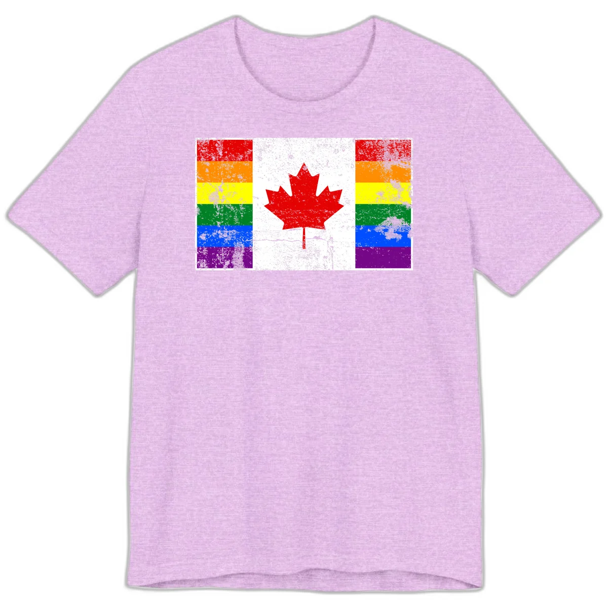 Canadian maple leaf in red and white centered between rainbow pride flag stripes with grunge texture, celebrating Canada pride in Heather Prism Lilac
