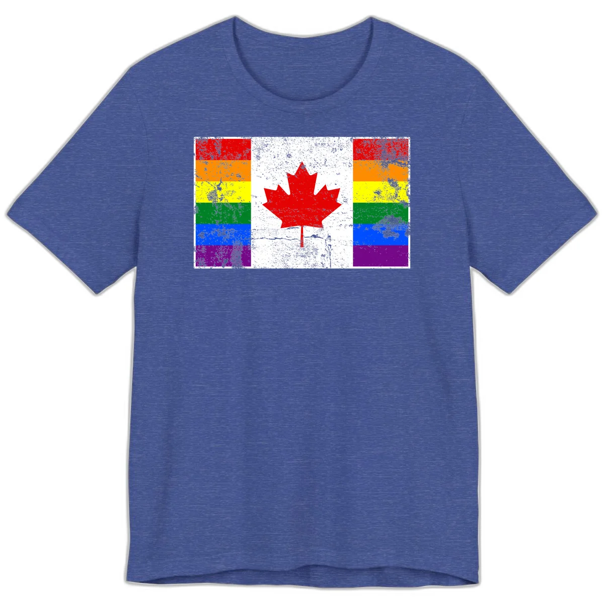 Canadian maple leaf in red and white centered between rainbow pride flag stripes with grunge texture, celebrating Canada pride in Heather True Royal