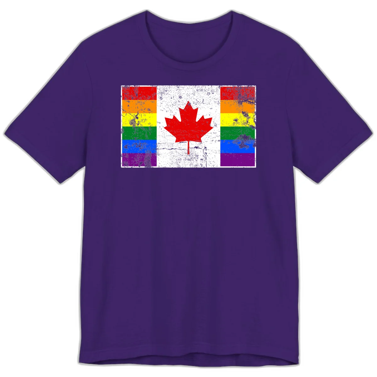 Canadian maple leaf in red and white centered between rainbow pride flag stripes with grunge texture, celebrating Canada pride in Team Purple