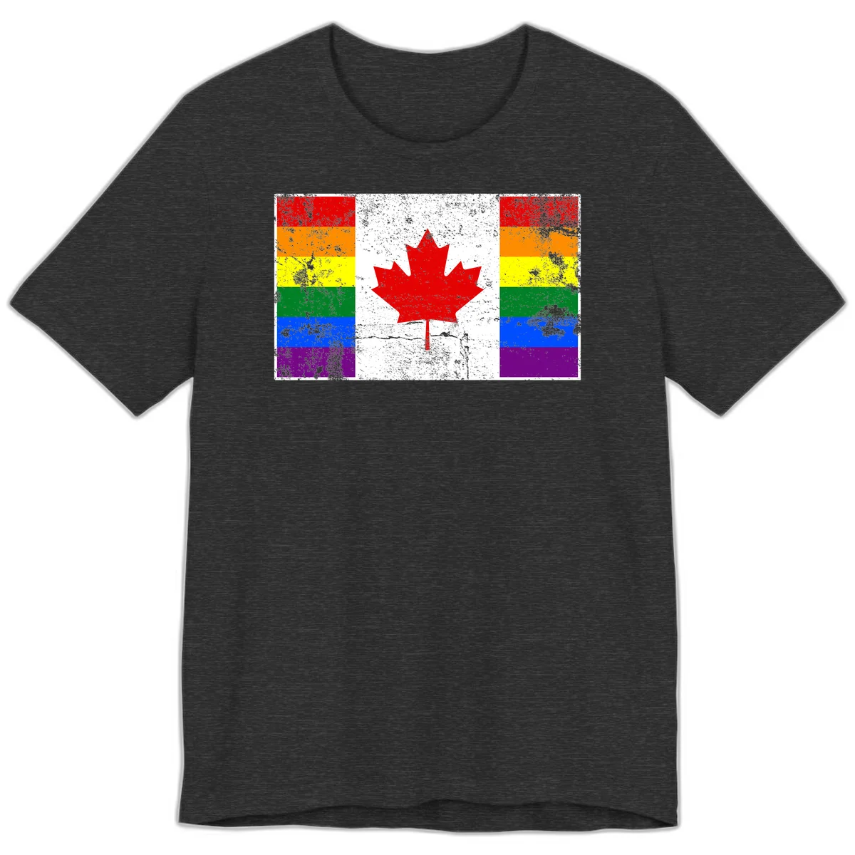 Canadian maple leaf in red and white centered between rainbow pride flag stripes with grunge texture, celebrating Canada pride in Dark Grey Heather
