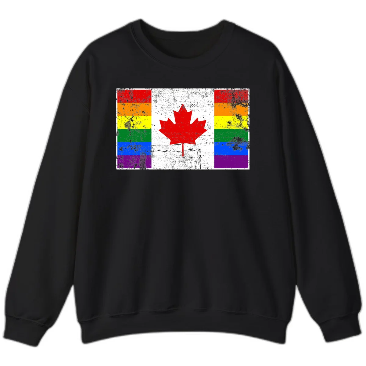 Canadian maple leaf in red and white centered between rainbow pride flag stripes with grunge texture, celebrating Canada pride in Black