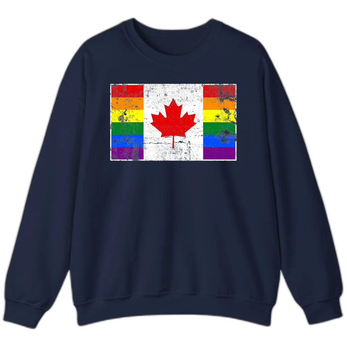 Canadian maple leaf in red and white centered between rainbow pride flag stripes with grunge texture, celebrating Canada pride in Navy