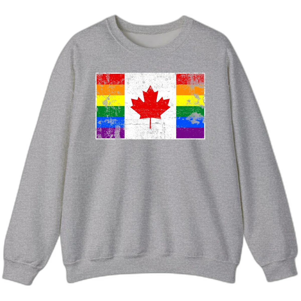 Canadian maple leaf in red and white centered between rainbow pride flag stripes with grunge texture, celebrating Canada pride in Sport Grey