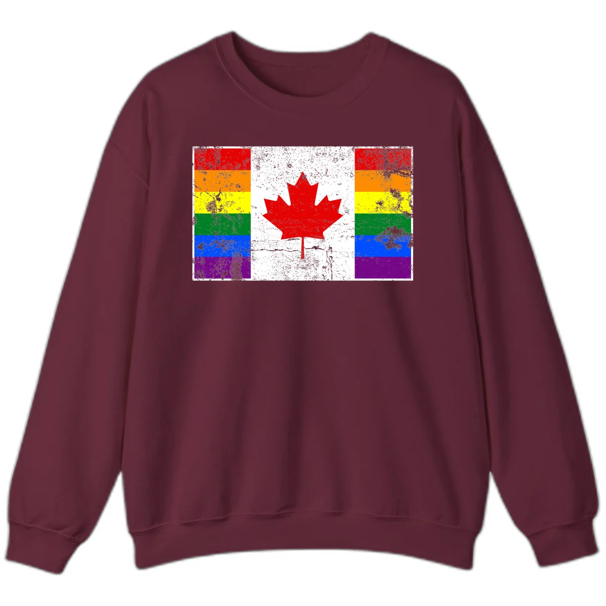 Canadian maple leaf in red and white centered between rainbow pride flag stripes with grunge texture, celebrating Canada pride in Maroon