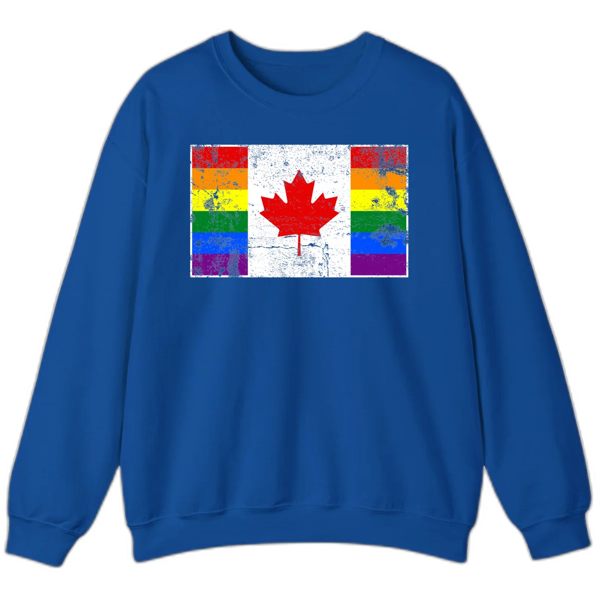 Canadian maple leaf in red and white centered between rainbow pride flag stripes with grunge texture, celebrating Canada pride in Royal