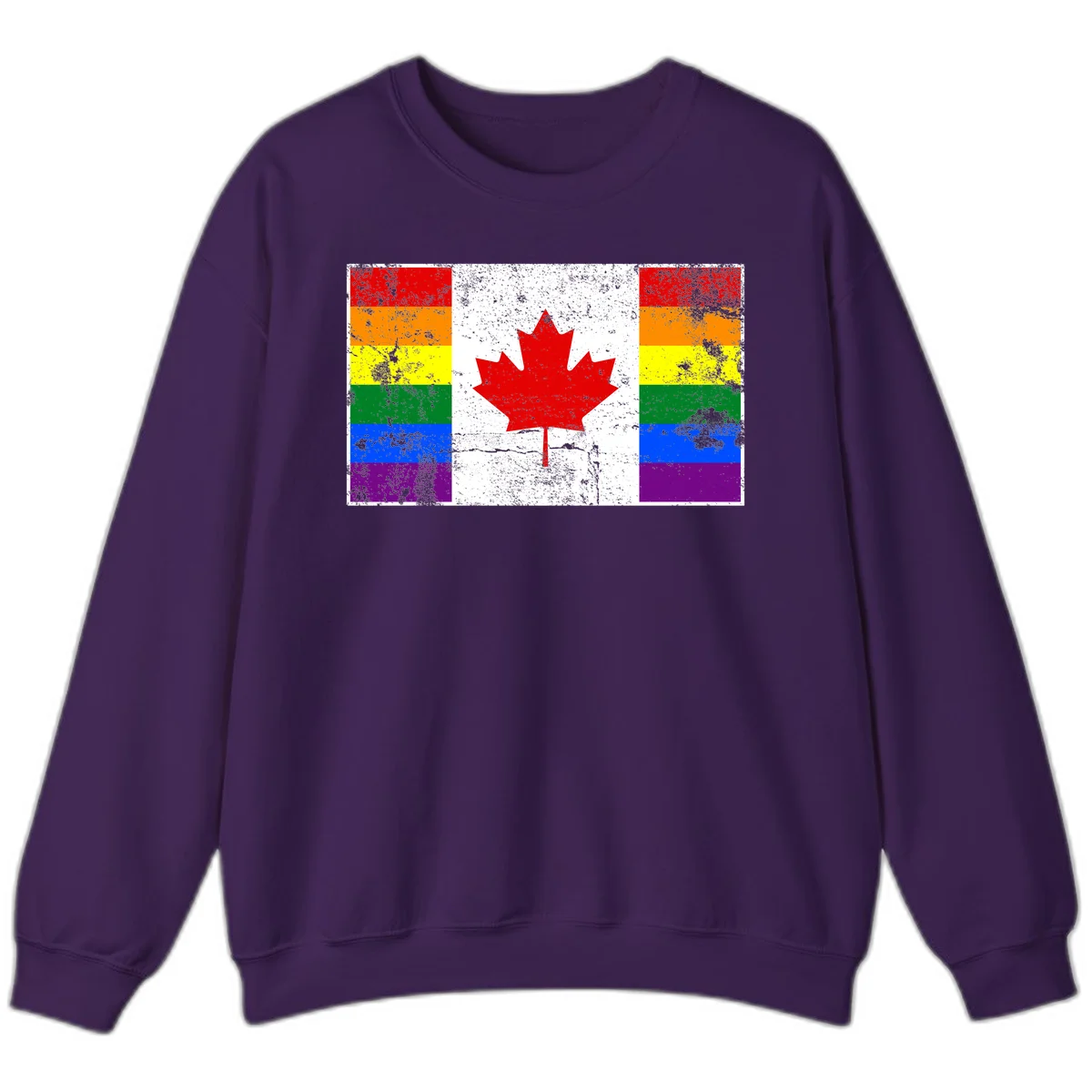 Canadian maple leaf in red and white centered between rainbow pride flag stripes with grunge texture, celebrating Canada pride in Purple