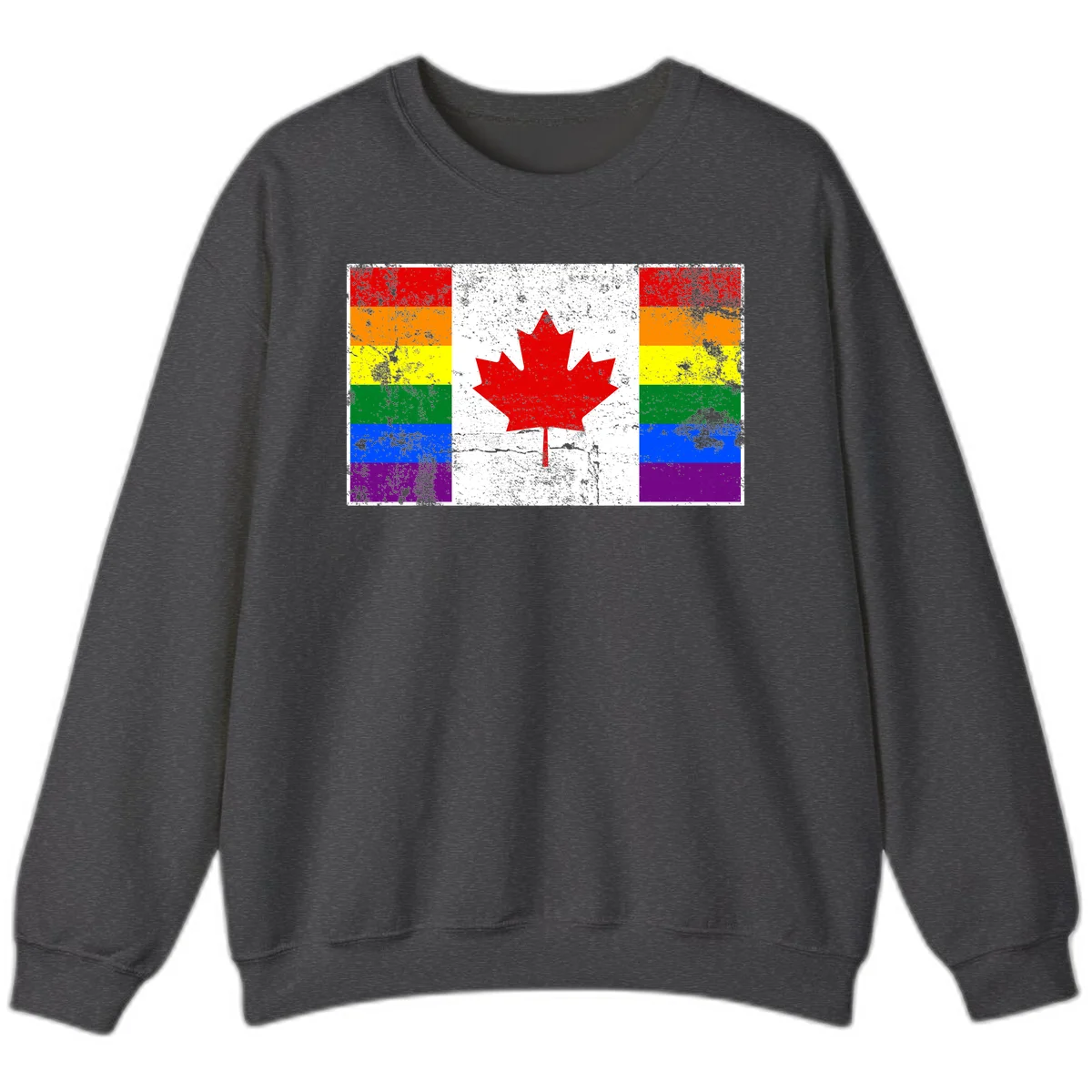 Canadian maple leaf in red and white centered between rainbow pride flag stripes with grunge texture, celebrating Canada pride in Dark Heather