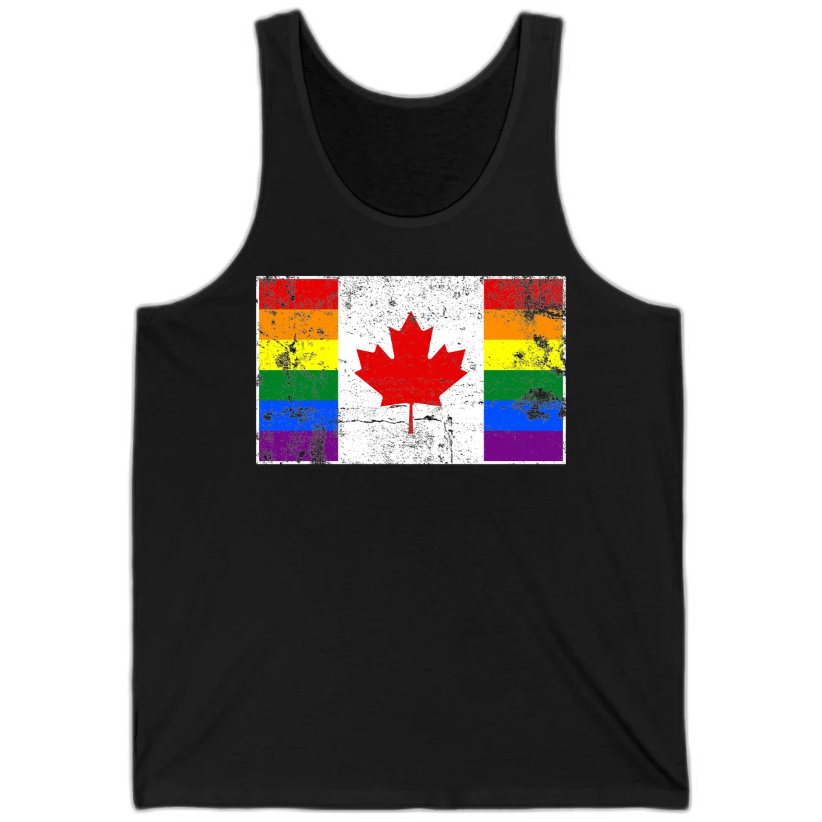 Canadian maple leaf in red and white centered between rainbow pride flag stripes with grunge texture, celebrating Canada pride in Black