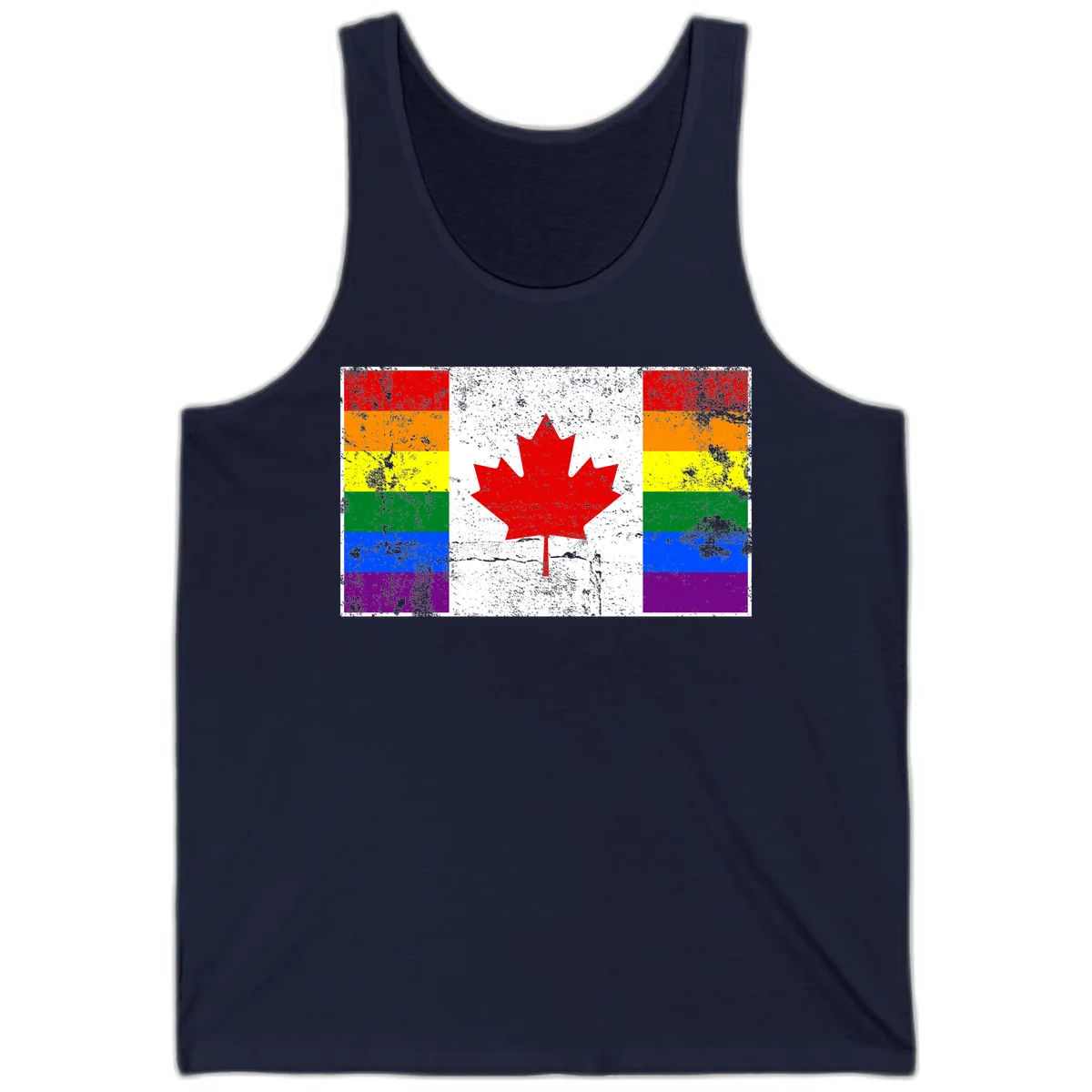 Canadian maple leaf in red and white centered between rainbow pride flag stripes with grunge texture, celebrating Canada pride in Navy