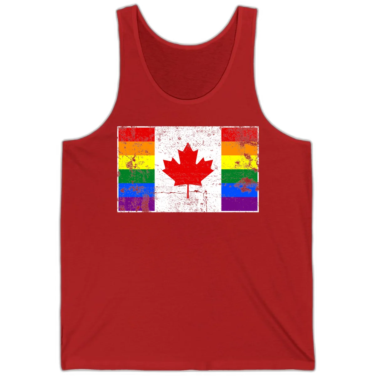Canadian maple leaf in red and white centered between rainbow pride flag stripes with grunge texture, celebrating Canada pride in Red