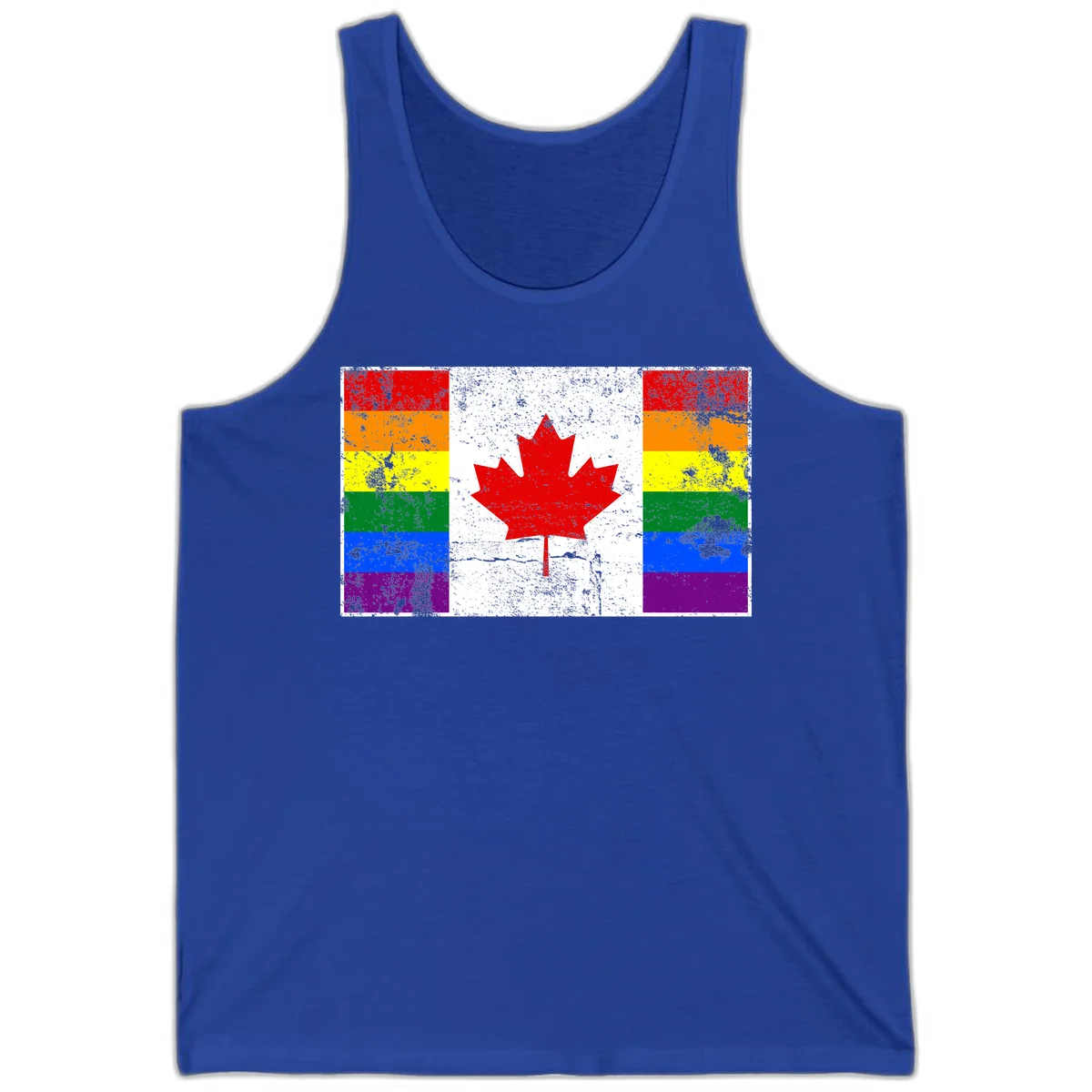 Canadian maple leaf in red and white centered between rainbow pride flag stripes with grunge texture, celebrating Canada pride in True Royal