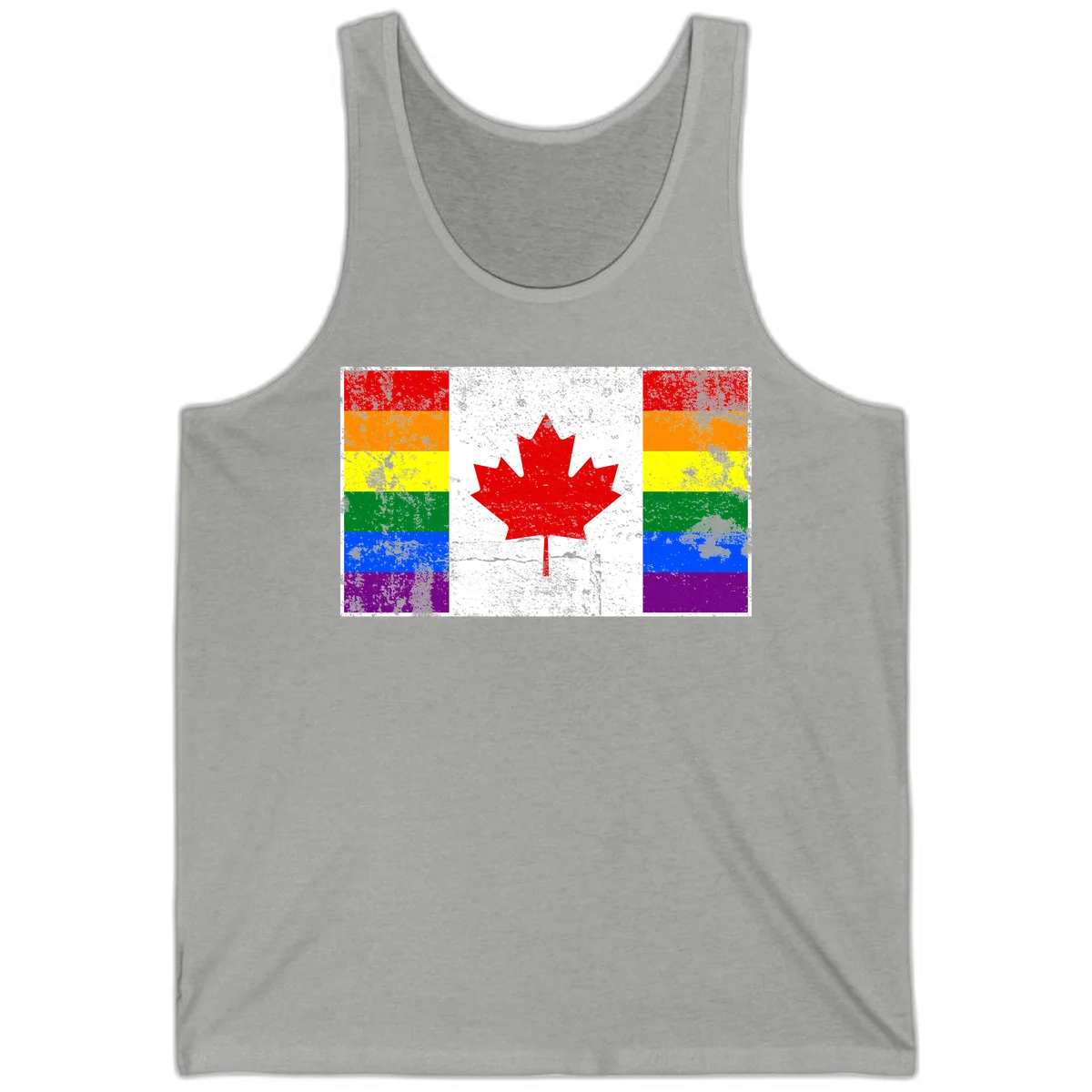 Canadian maple leaf in red and white centered between rainbow pride flag stripes with grunge texture, celebrating Canada pride in Athletic Heather