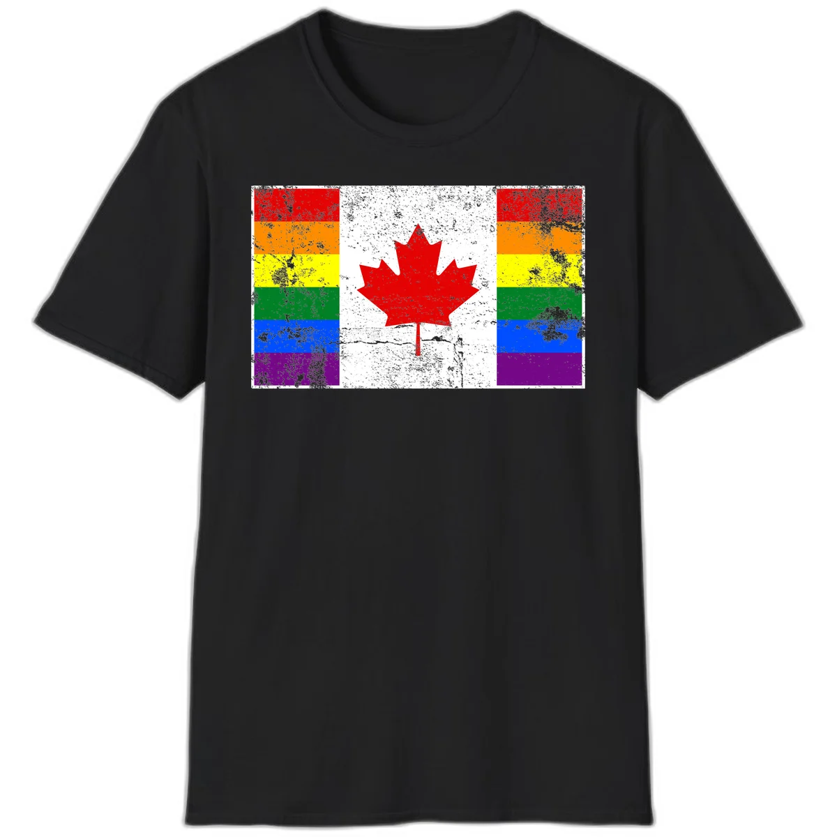 Canadian maple leaf in red and white centered between rainbow pride flag stripes with grunge texture, celebrating Canada pride in Black