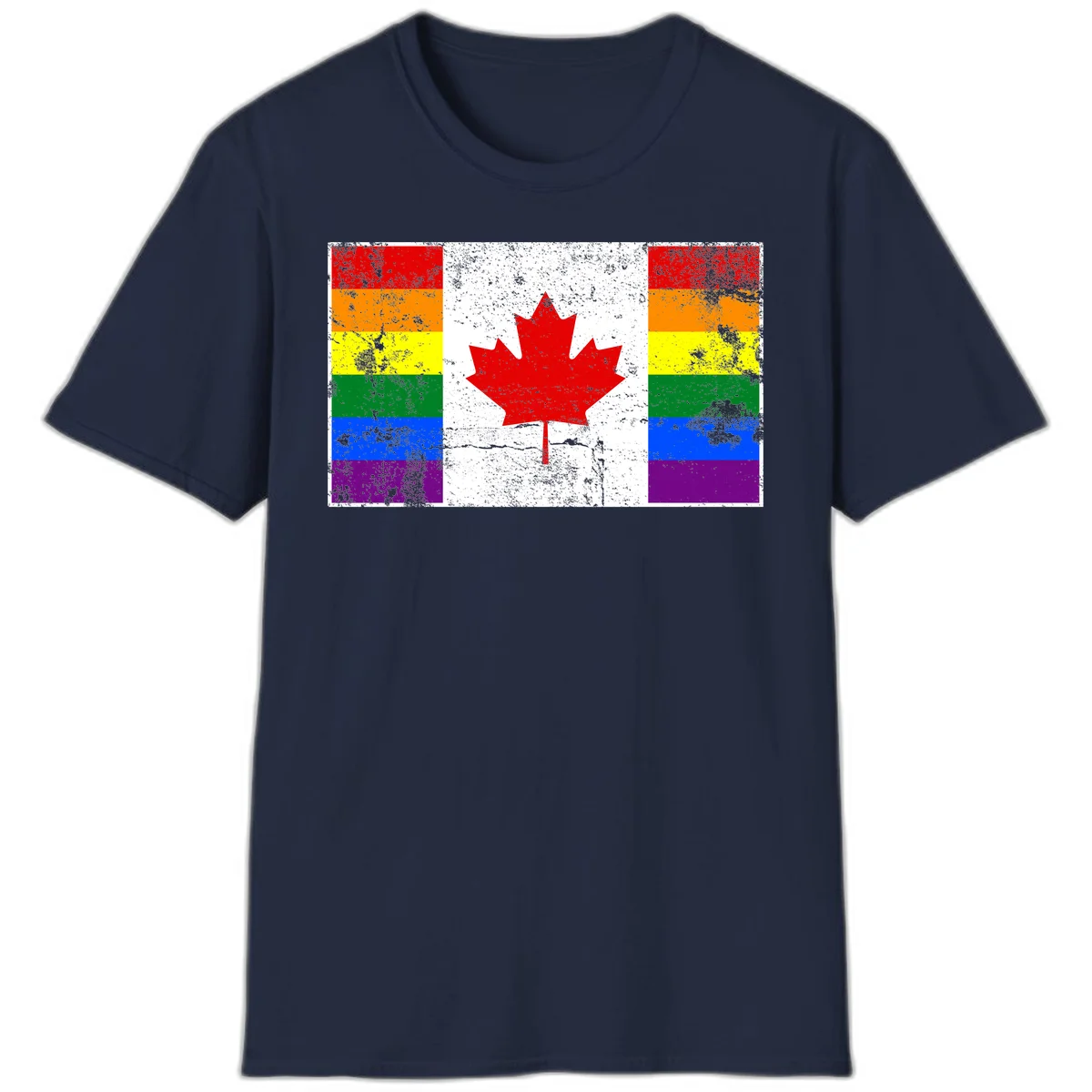 Canadian maple leaf in red and white centered between rainbow pride flag stripes with grunge texture, celebrating Canada pride in Navy